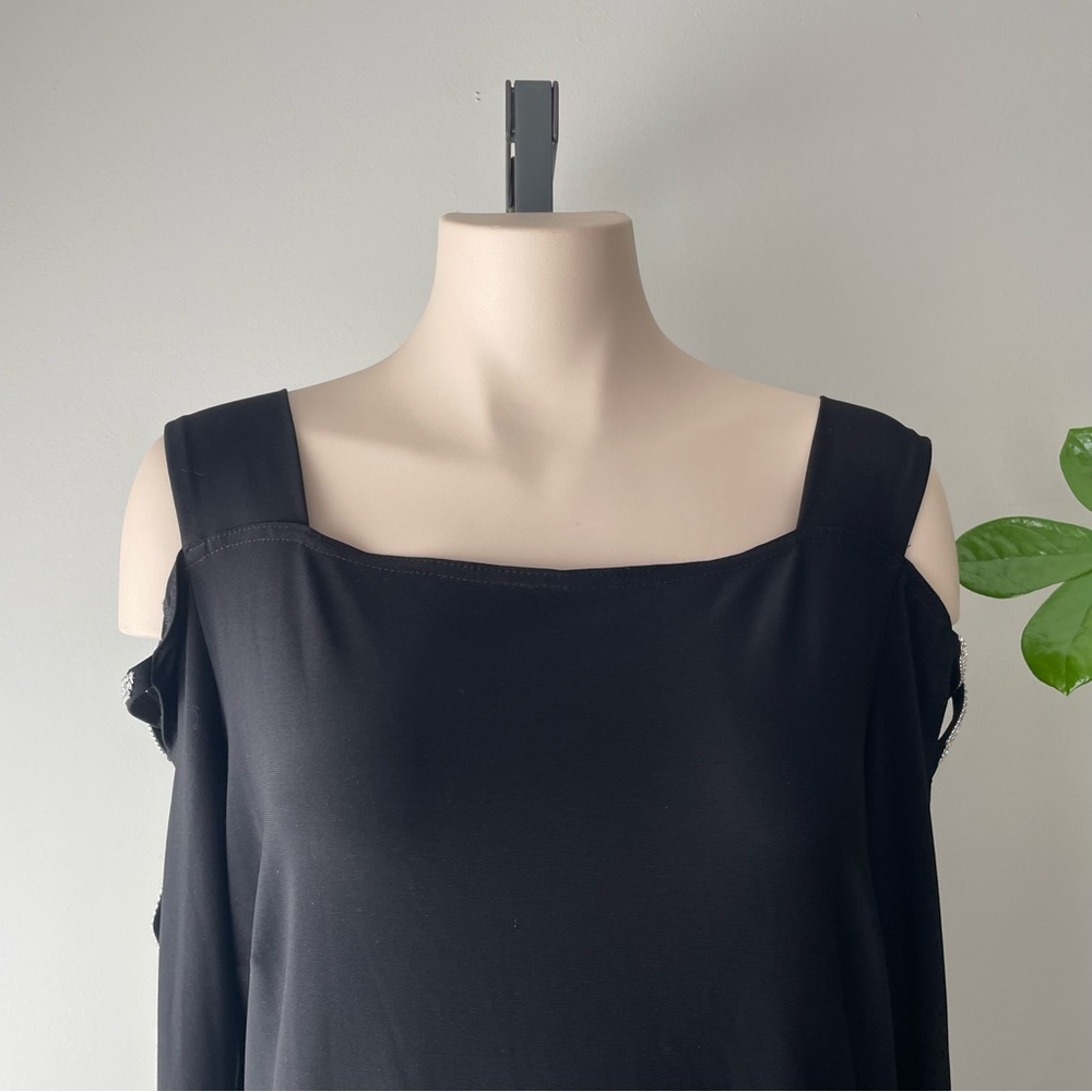 Joseph Ribkoff Cold Shoulder Rhinestone Sleeve Blouse Shirt Top Black Silver - Picture 5 of 8